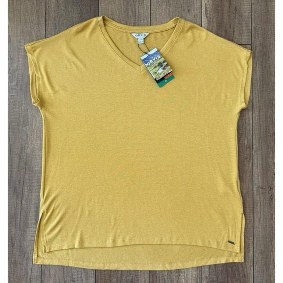 Orvis Sweaters - NWT ORVIS Women's Mustard Yellow V-Neck Short Sleeve Knit Casual Top Size XL
